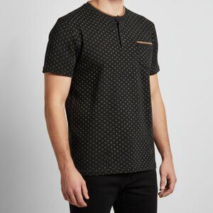 Craft+Flow Knitwear Men's L‎ Henley Shirt Black Tan Trim Pocket Cotton Tee